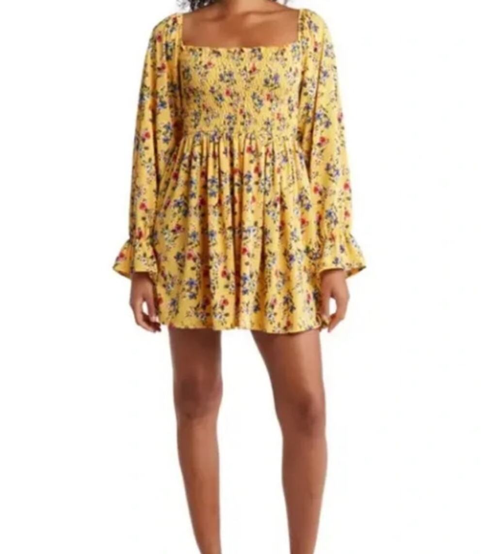 Velvet Torch Los Angeles Smocked Yellow Floral Mini Dress Size M - Picture 1 of 11